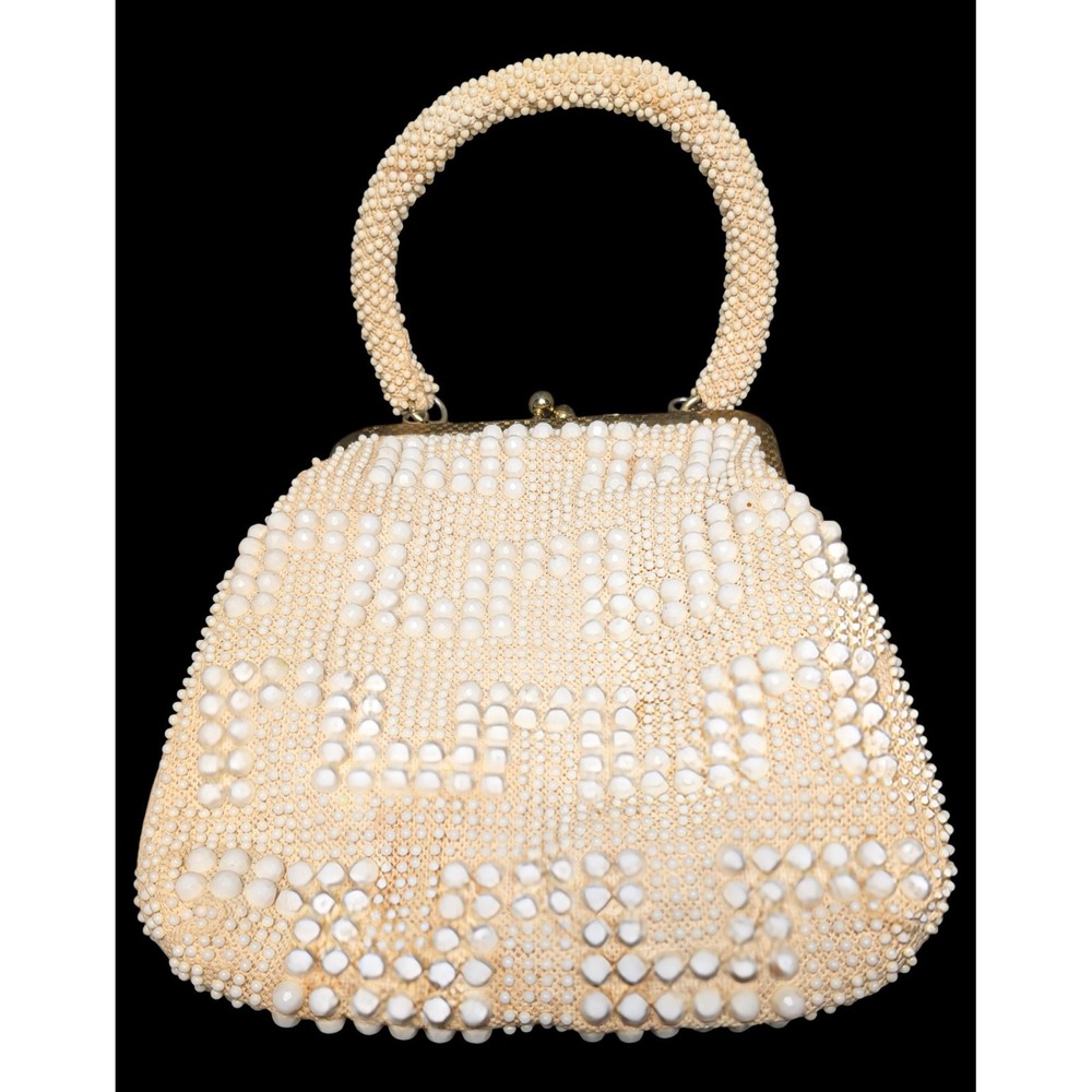 Vtg 50's Beaded White lridescent Embroidered Wedding Event Bag Clutch Kiss Lock